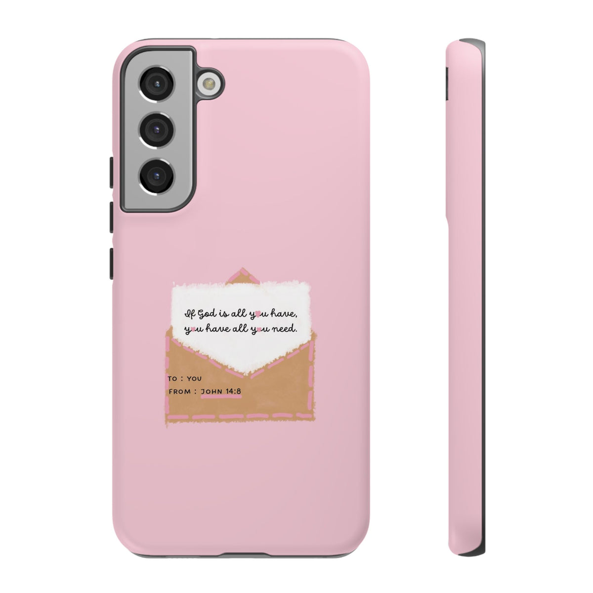 Christelijk telefoonhoesje God is alles wat je nodig hebt roze mat