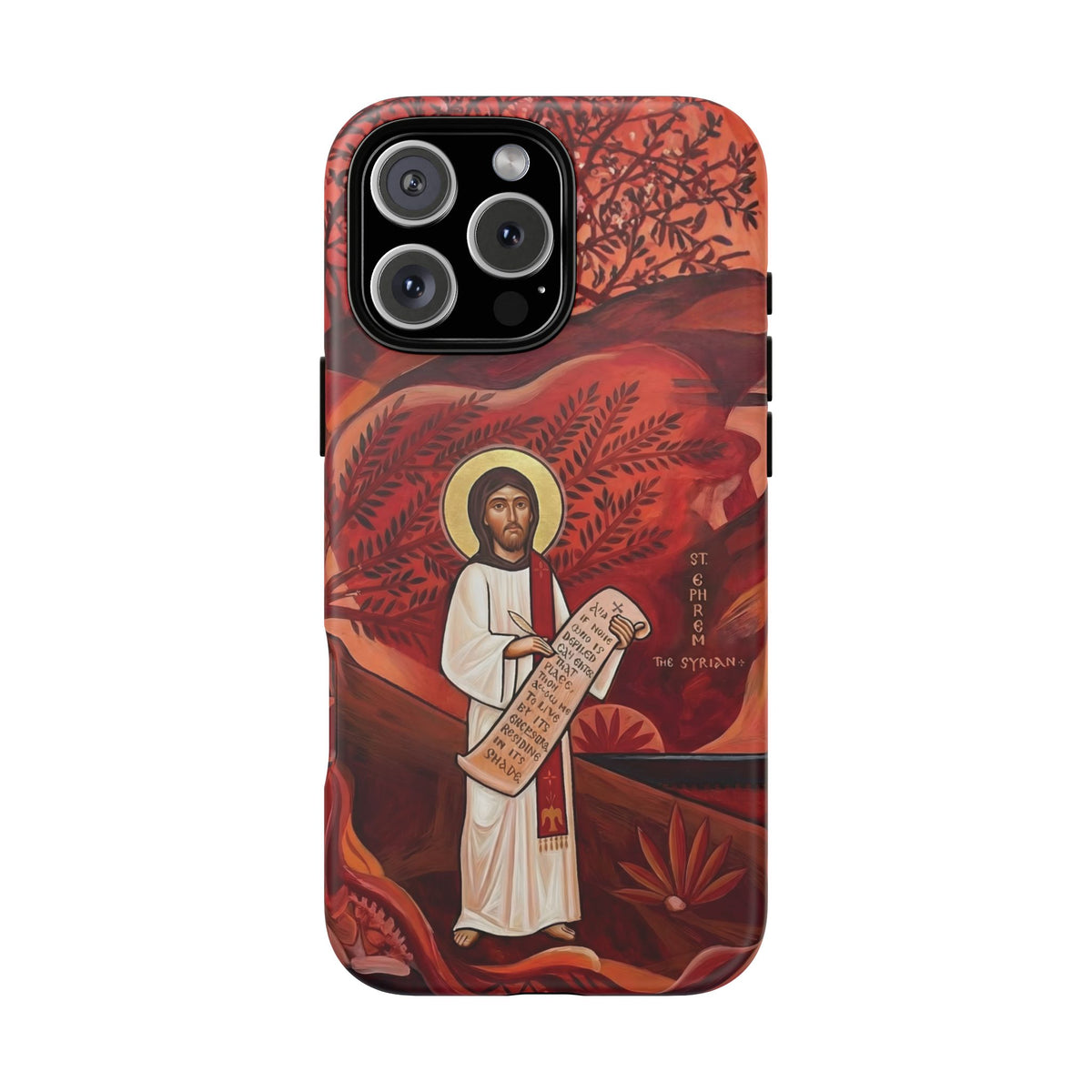 Christelijk telefoonhoesje Sint-Efrem de Syriër rood mat