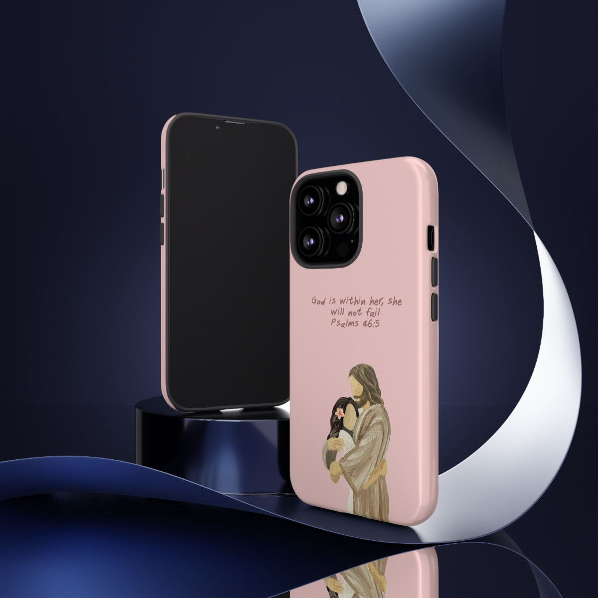 Christelijk telefoonhoesje God is in haar roze mat
