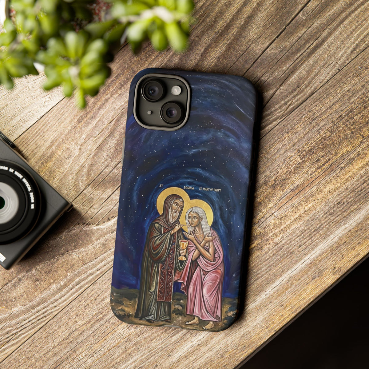 Christelijk telefoonhoesje Maria van Egypte en Sint-Zosimas donkerblauw mat