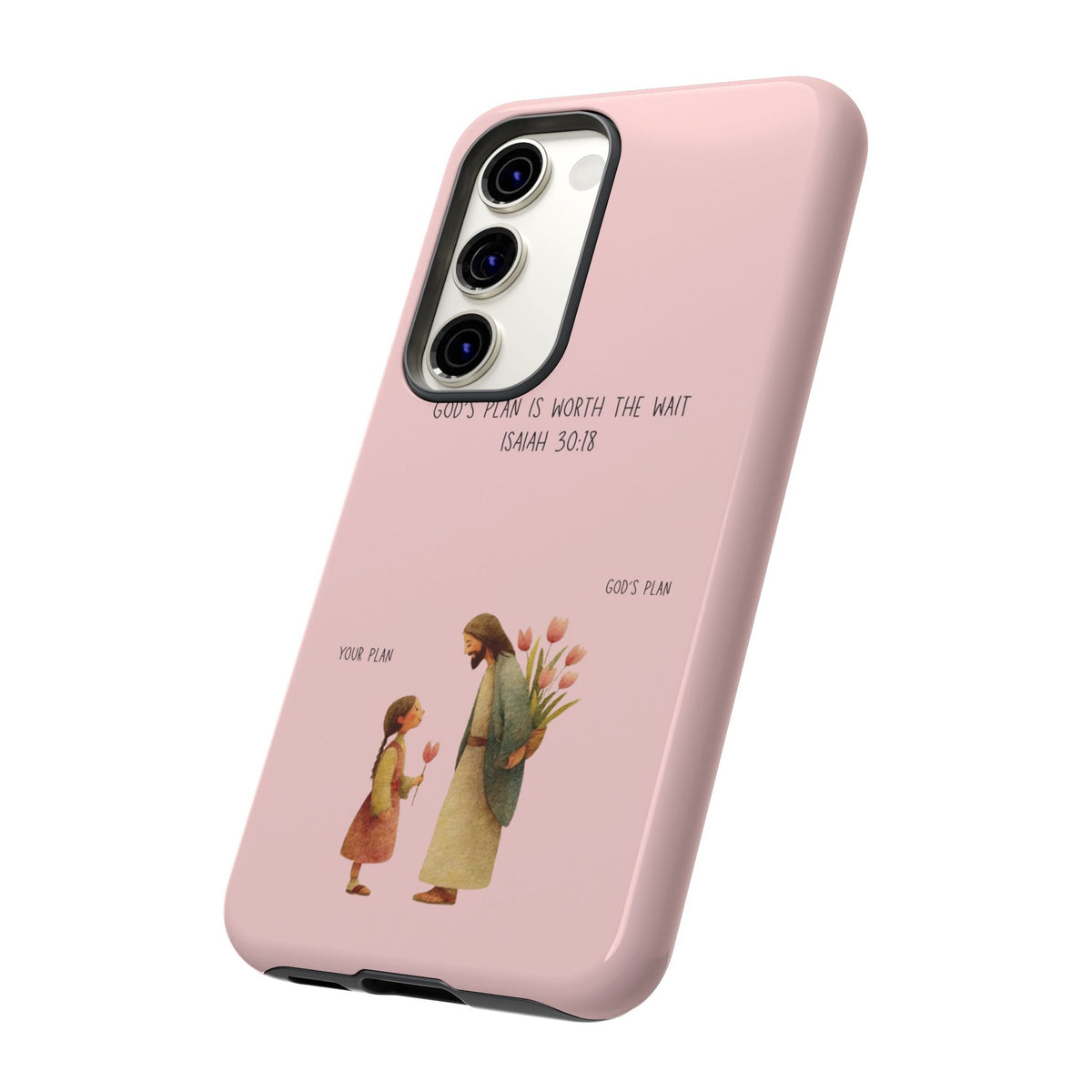 Christelijk telefoonhoesje Gods plan is beter roze mat