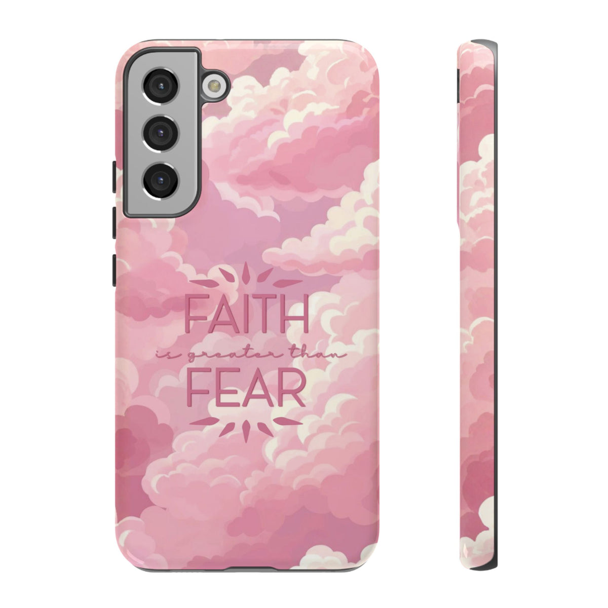 Christelijk telefoonhoesje Geloof is sterker dan angst roze mat