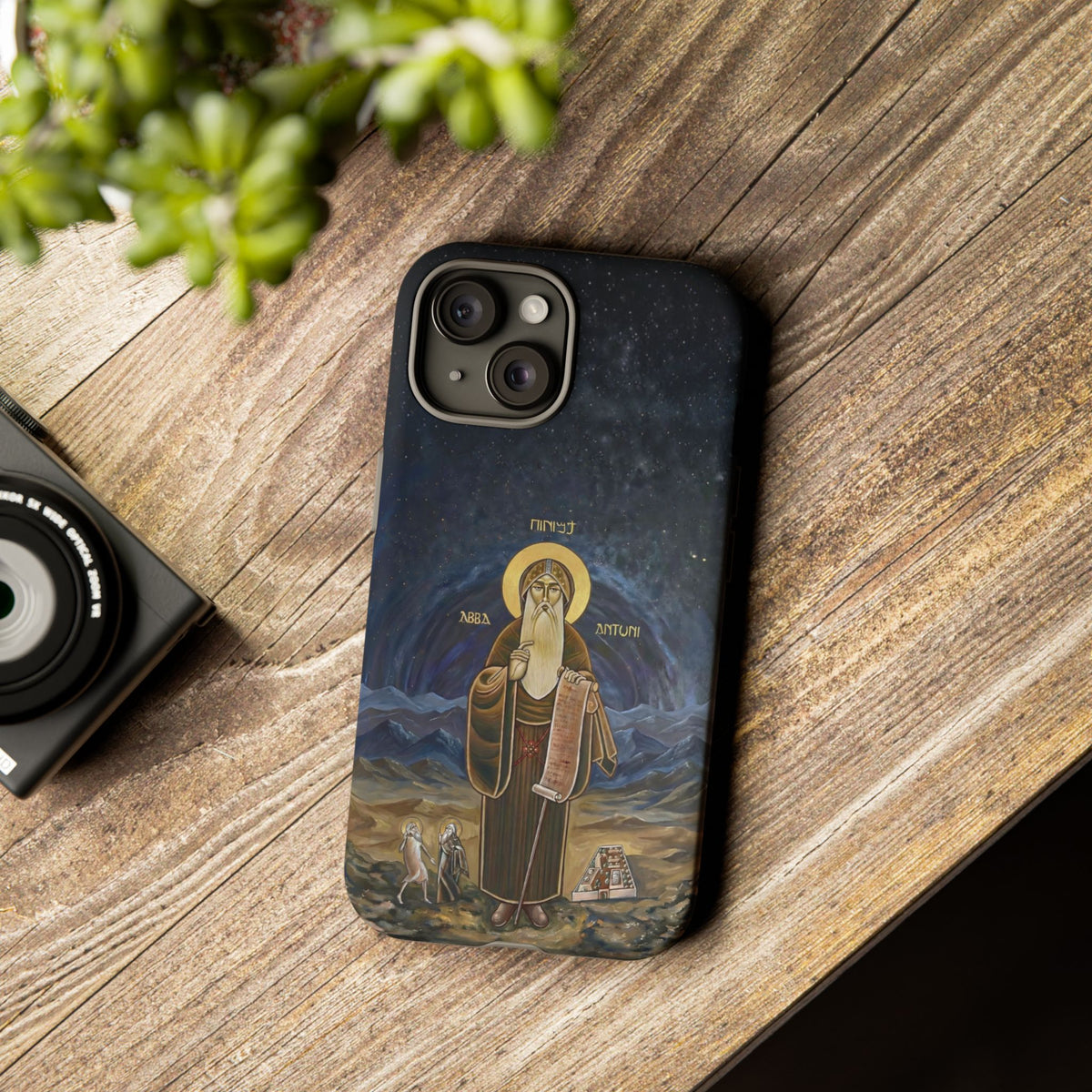 Christelijk telefoonhoesje Sint-Antonius de Grote donkerblauw mat