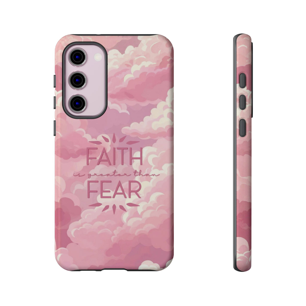 Christelijk telefoonhoesje Geloof is sterker dan angst roze mat
