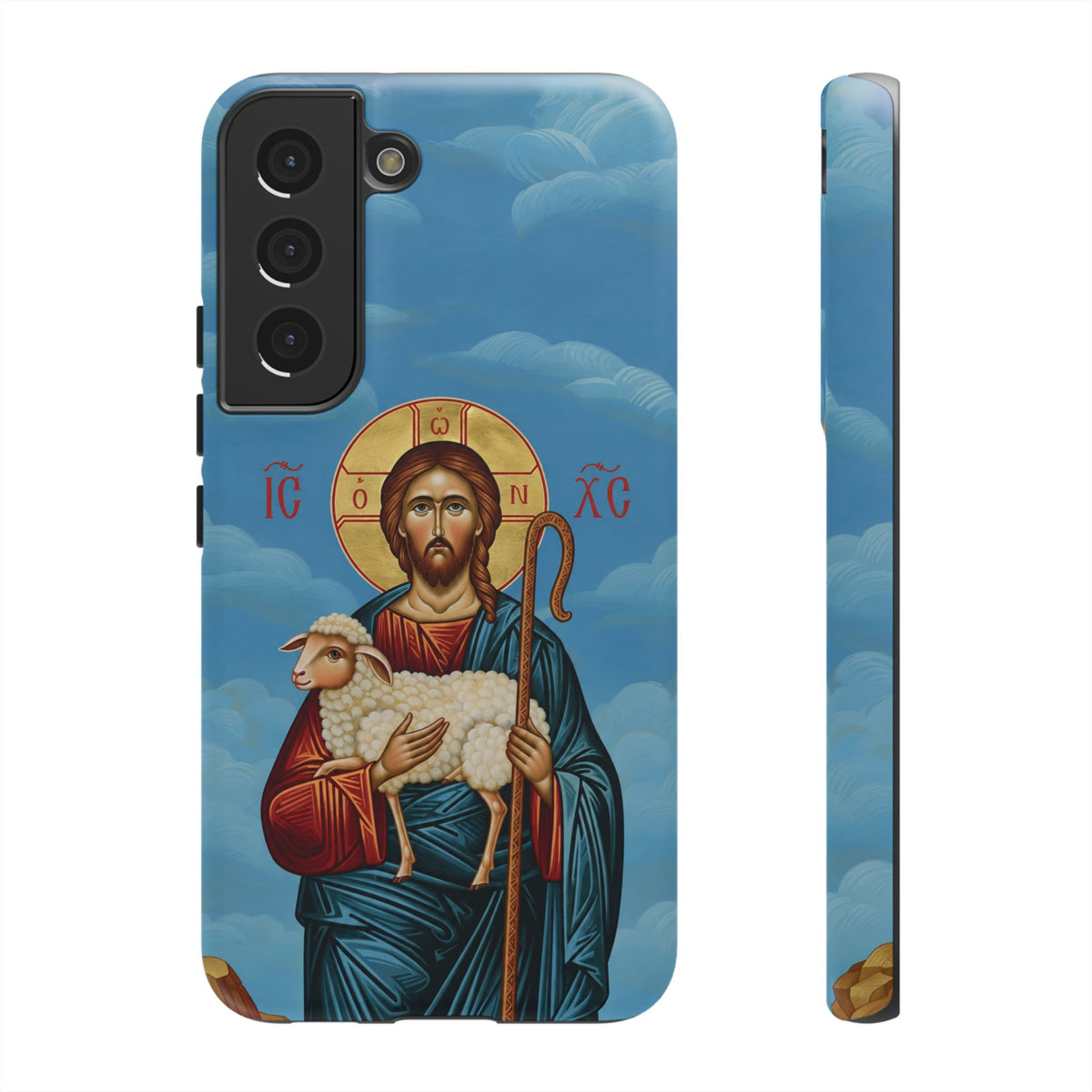 Christelijk telefoonhoesje De Goede Herder blauw mat