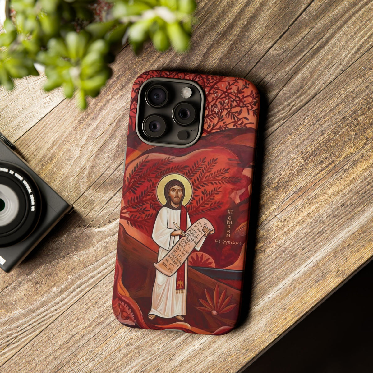 Christelijk telefoonhoesje Sint-Efrem de Syriër rood mat