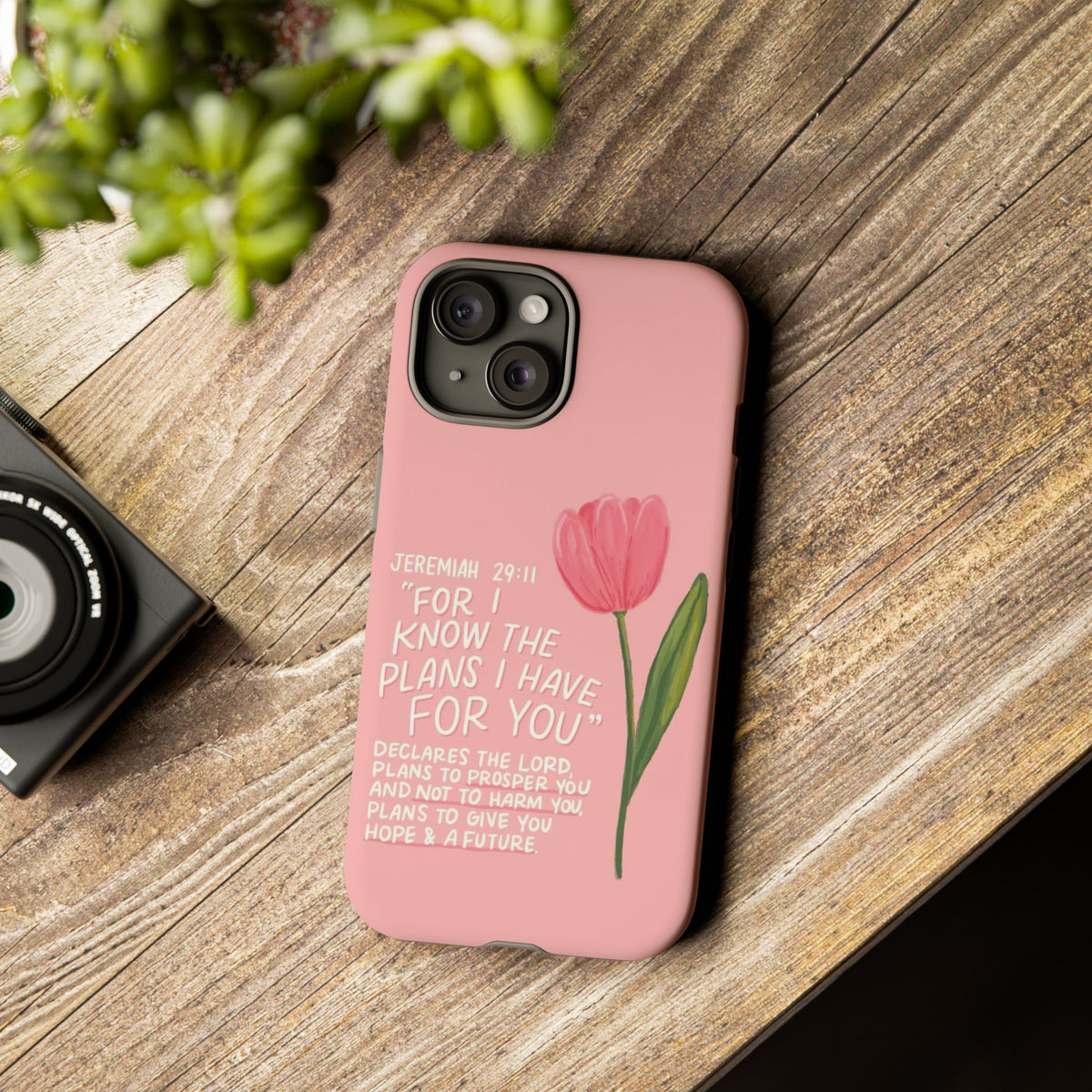 Christelijk telefoonhoesje Ik ken de plannen roze mat
