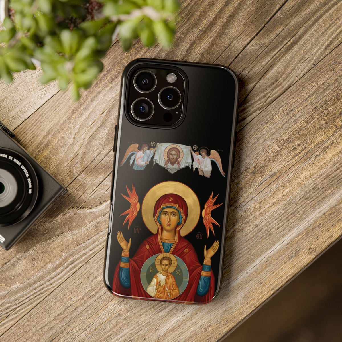 Christelijk telefoonhoesje De Heilige Maagd Maria zwart mat
