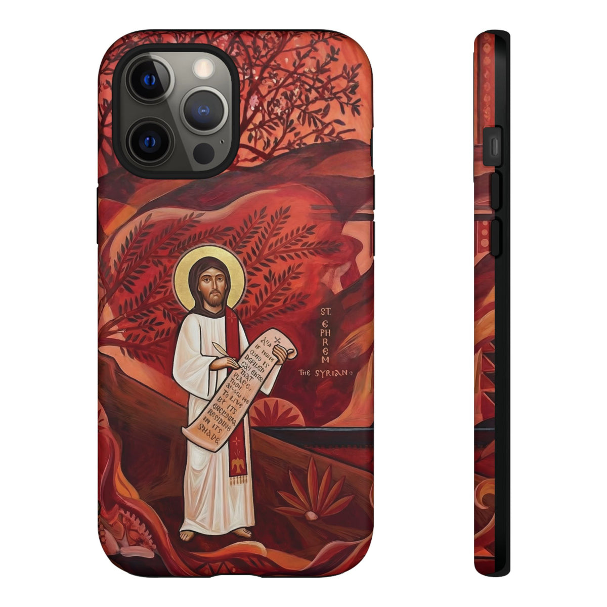 Christelijk telefoonhoesje Sint-Efrem de Syriër rood mat