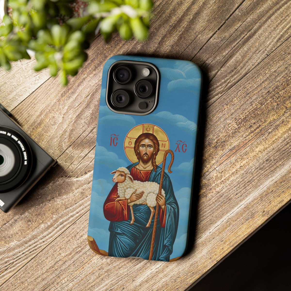 Christelijk telefoonhoesje De Goede Herder blauw mat