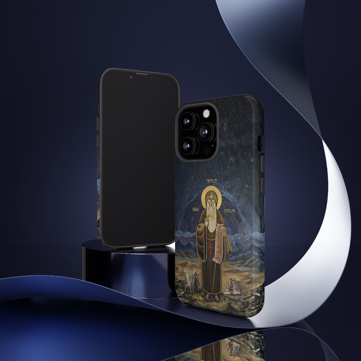 Christelijk telefoonhoesje Sint-Antonius de Grote donkerblauw mat