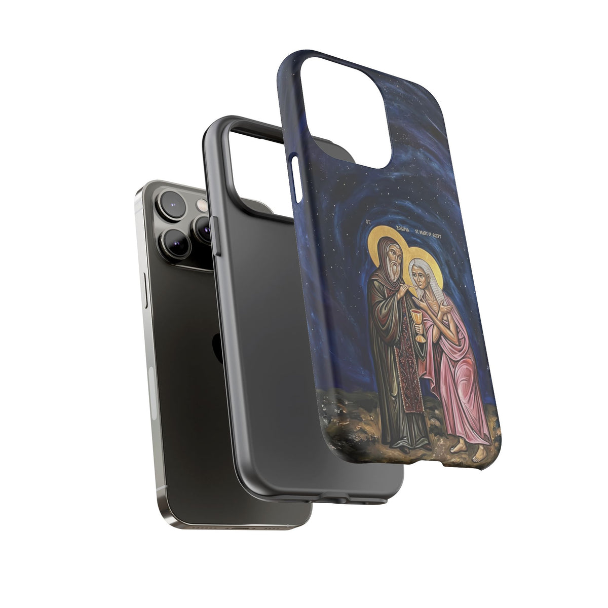 Christelijk telefoonhoesje Maria van Egypte en Sint-Zosimas donkerblauw mat