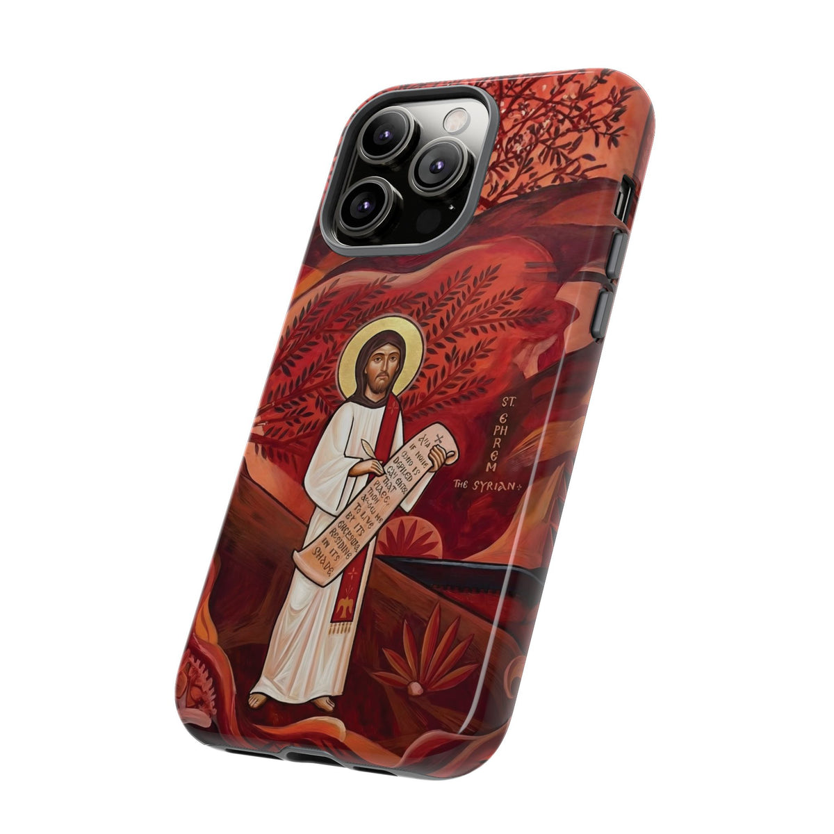 Christelijk telefoonhoesje Sint-Efrem de Syriër rood mat