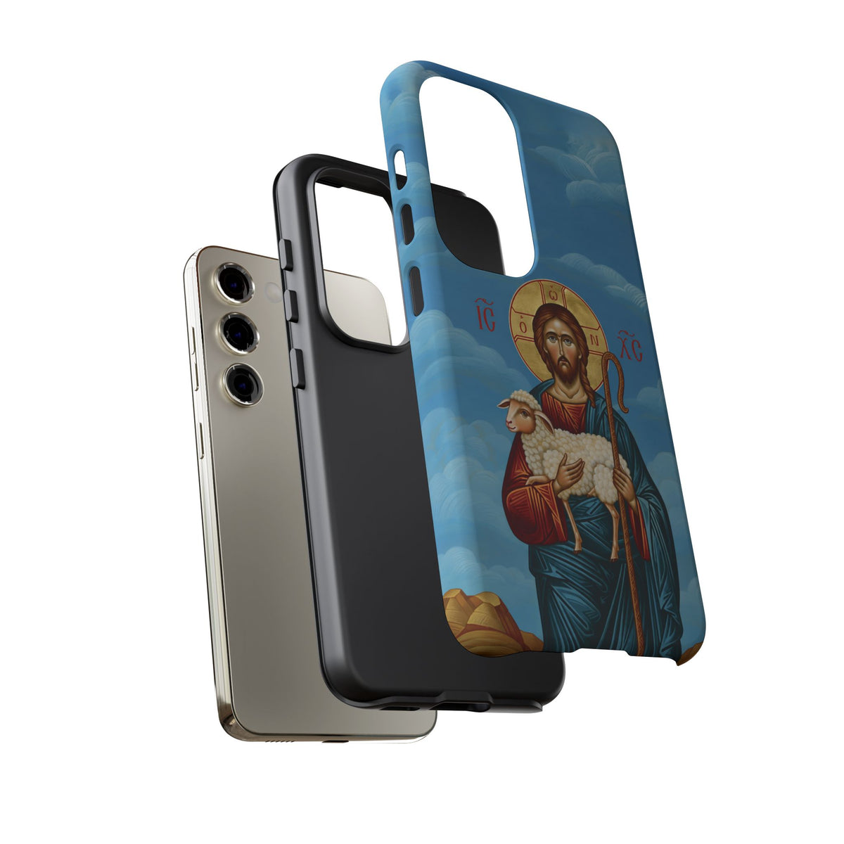 Christelijk telefoonhoesje De Goede Herder blauw mat