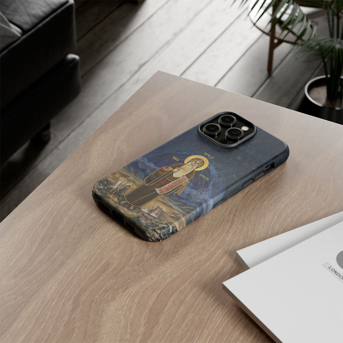 Christelijk telefoonhoesje Sint-Antonius de Grote donkerblauw mat