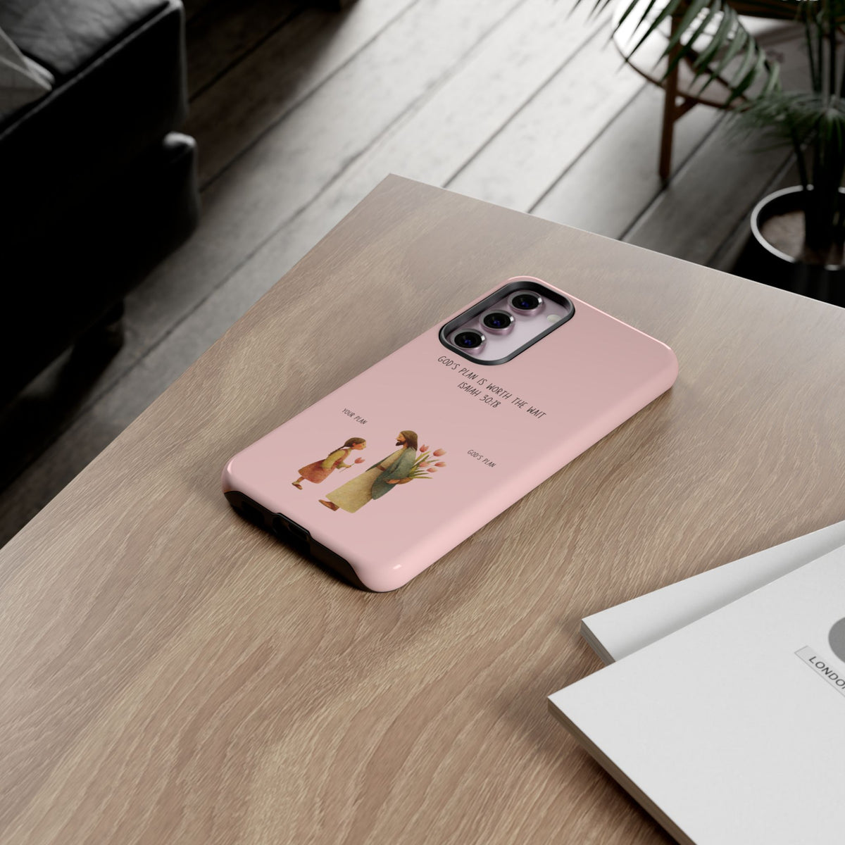 Christelijk telefoonhoesje Gods plan is beter roze mat