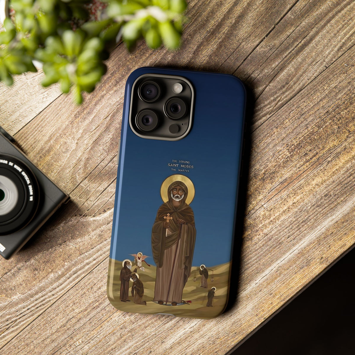 Christelijk telefoonhoesje Sint-Mozes de Sterke blauw mat