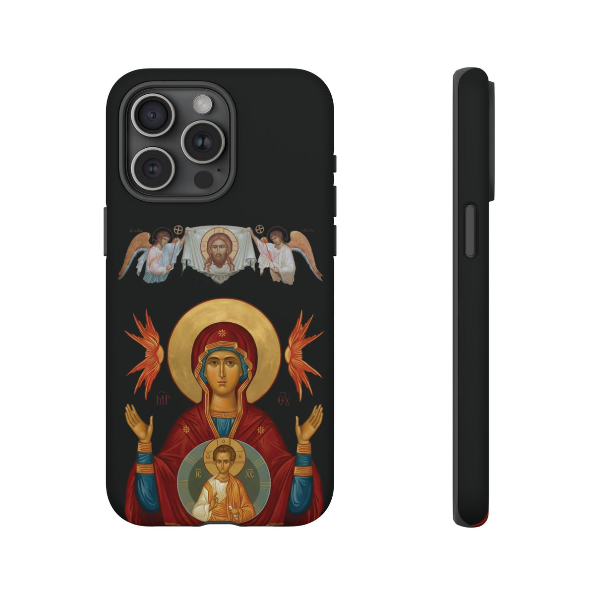 Christelijk telefoonhoesje De Heilige Maagd Maria zwart mat