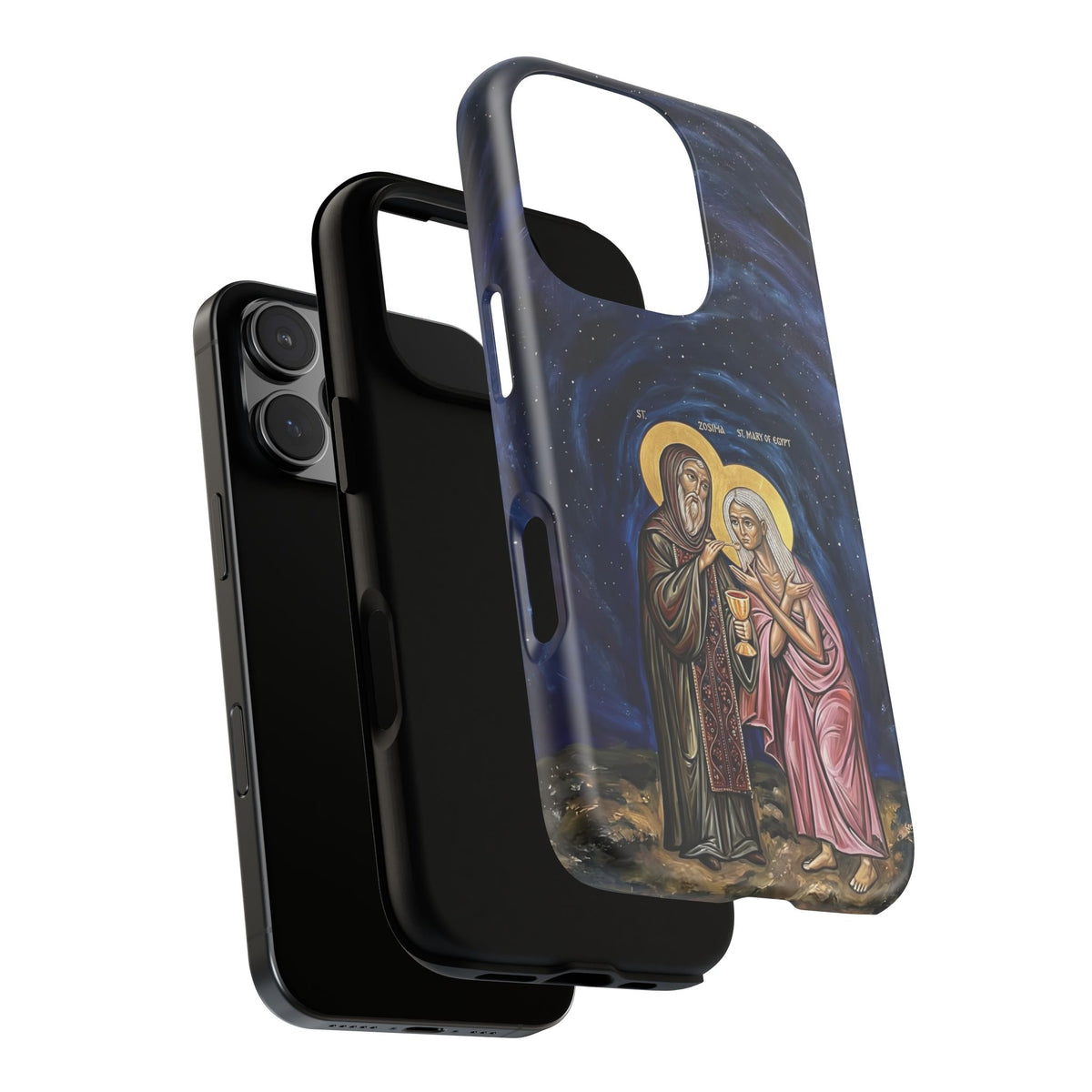 Christelijk telefoonhoesje Maria van Egypte en Sint-Zosimas donkerblauw mat