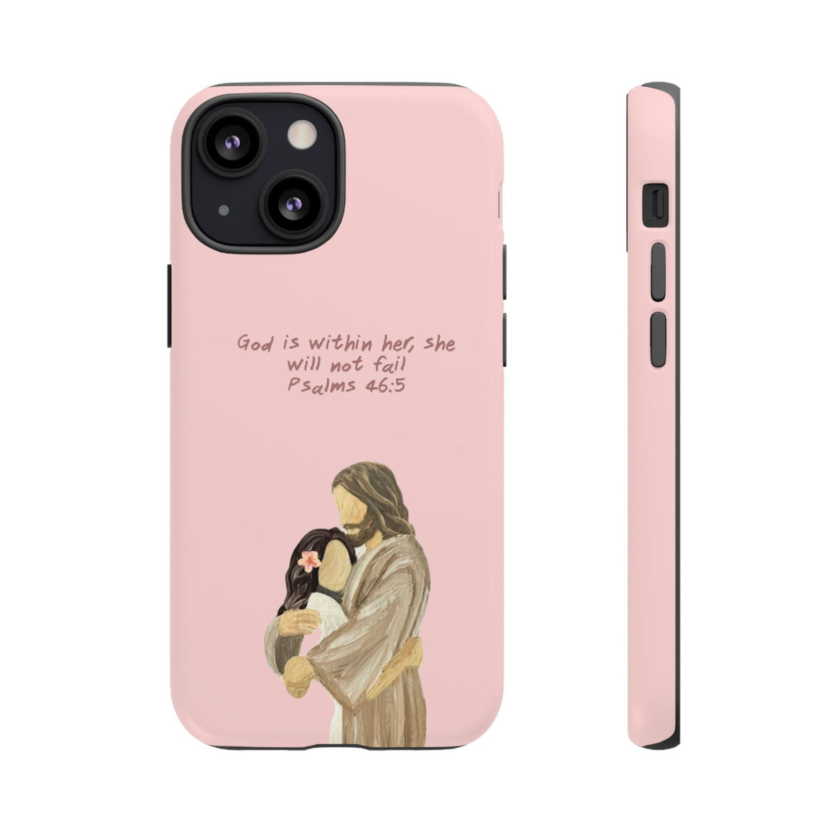 Christelijk telefoonhoesje God is in haar roze mat