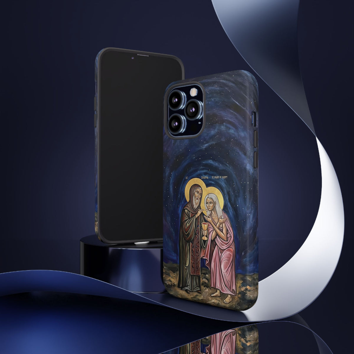 Christelijk telefoonhoesje Maria van Egypte en Sint-Zosimas donkerblauw mat