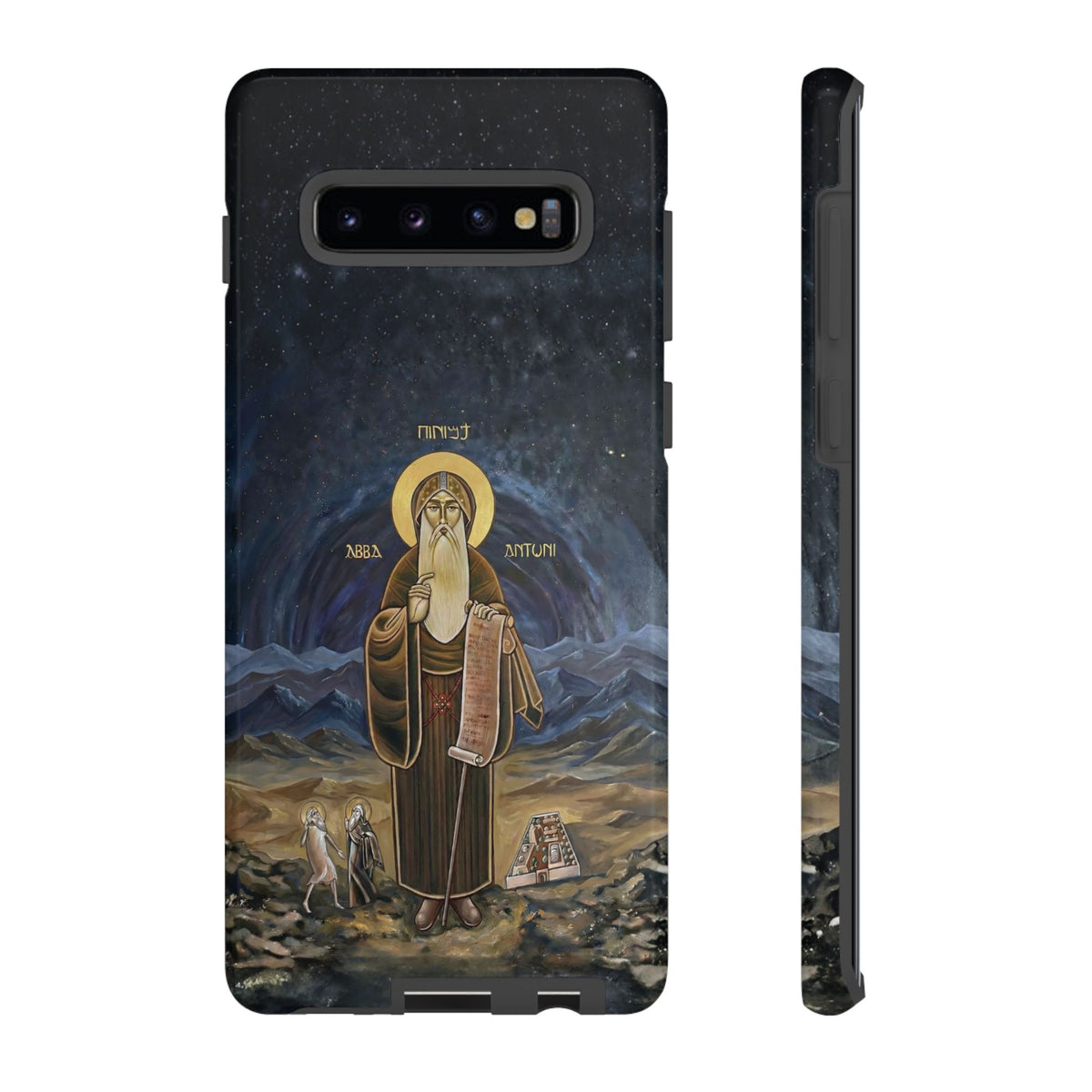 Christelijk telefoonhoesje Sint-Antonius de Grote donkerblauw mat