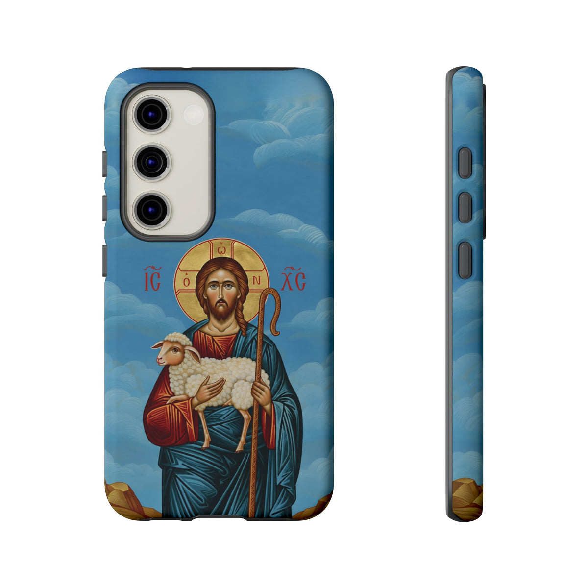 Christelijk telefoonhoesje De Goede Herder blauw mat