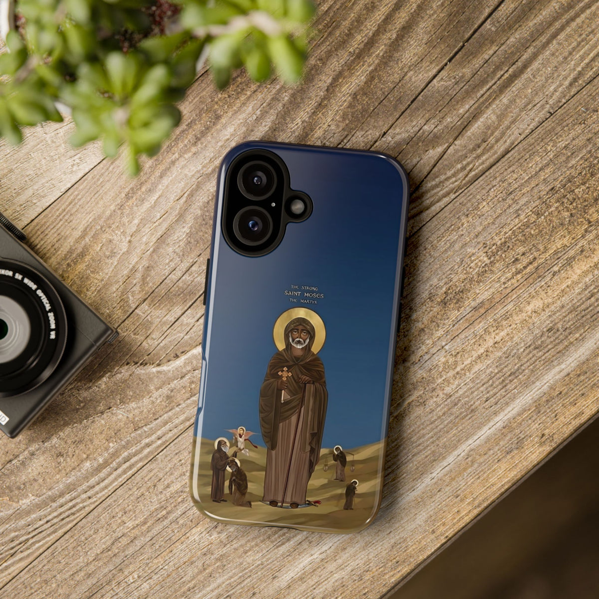 Christelijk telefoonhoesje Sint-Mozes de Sterke blauw mat