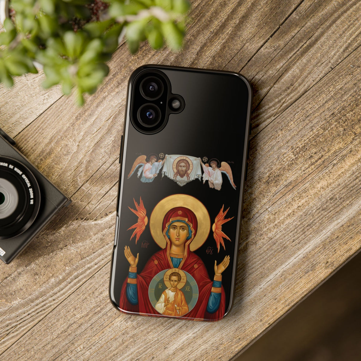 Christelijk telefoonhoesje De Heilige Maagd Maria zwart mat