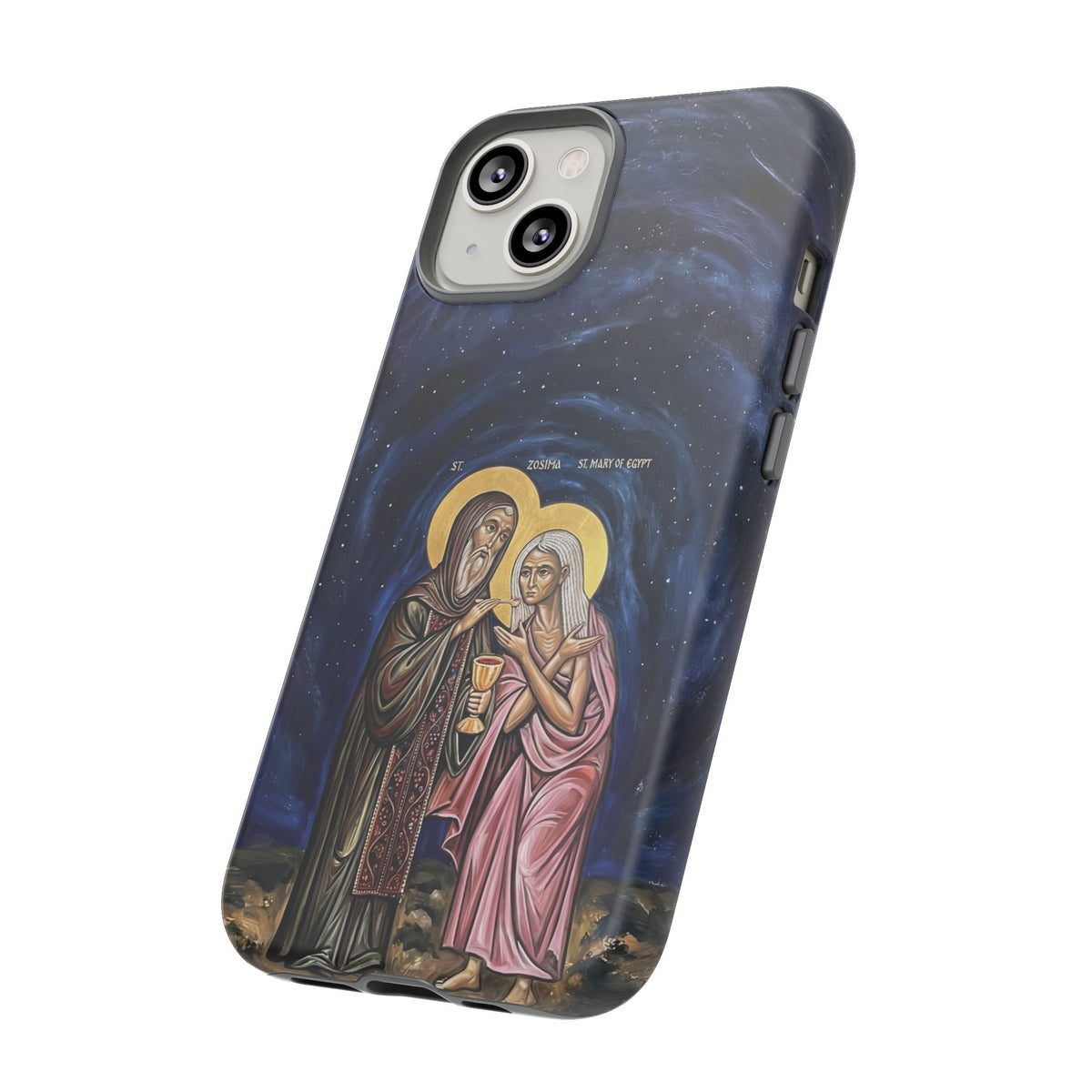 Christelijk telefoonhoesje Maria van Egypte en Sint-Zosimas donkerblauw mat