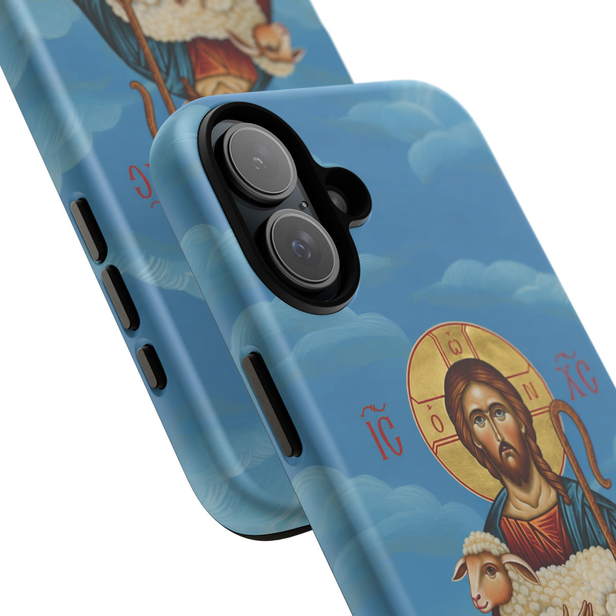 Christelijk telefoonhoesje De Goede Herder blauw mat