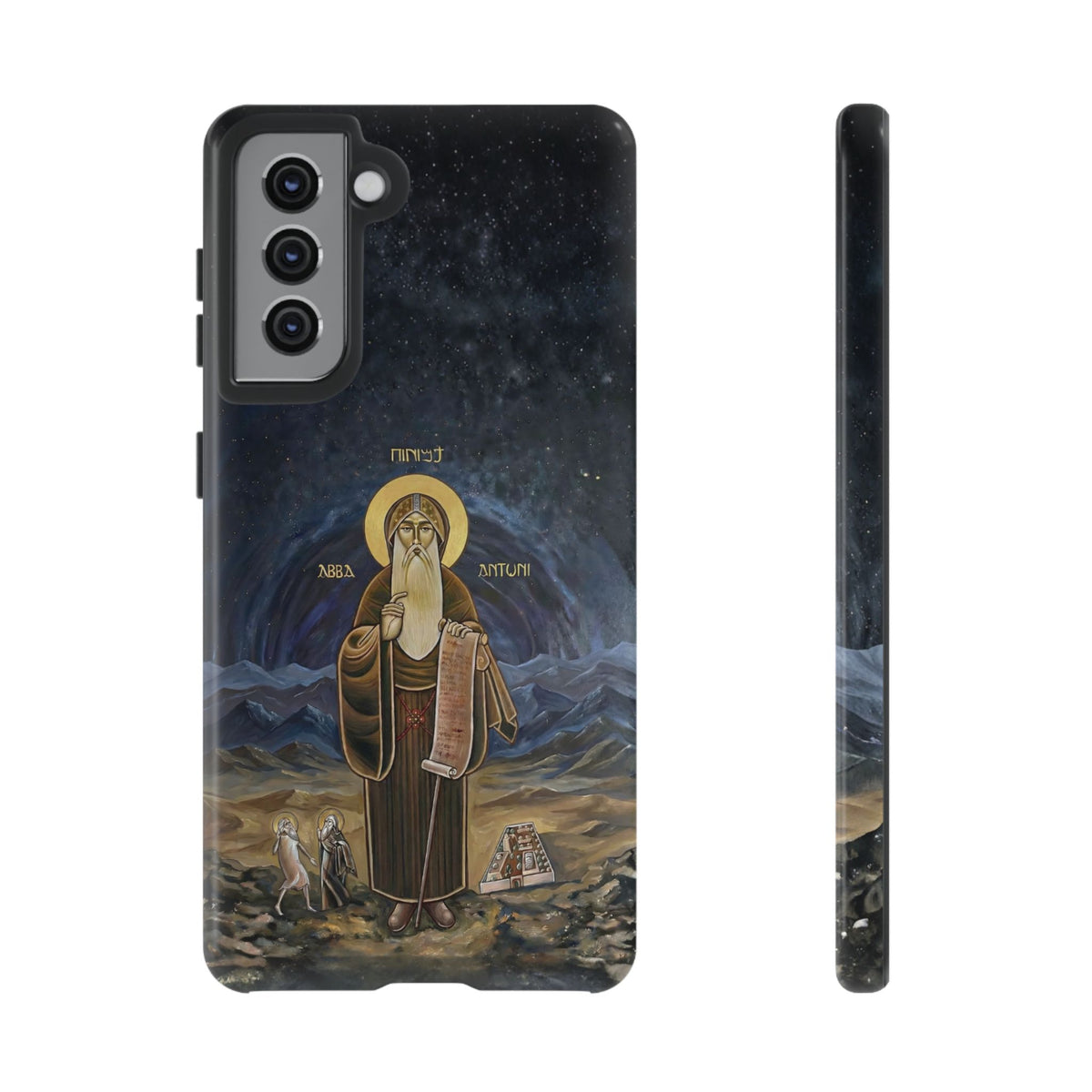 Christelijk telefoonhoesje Sint-Antonius de Grote donkerblauw mat