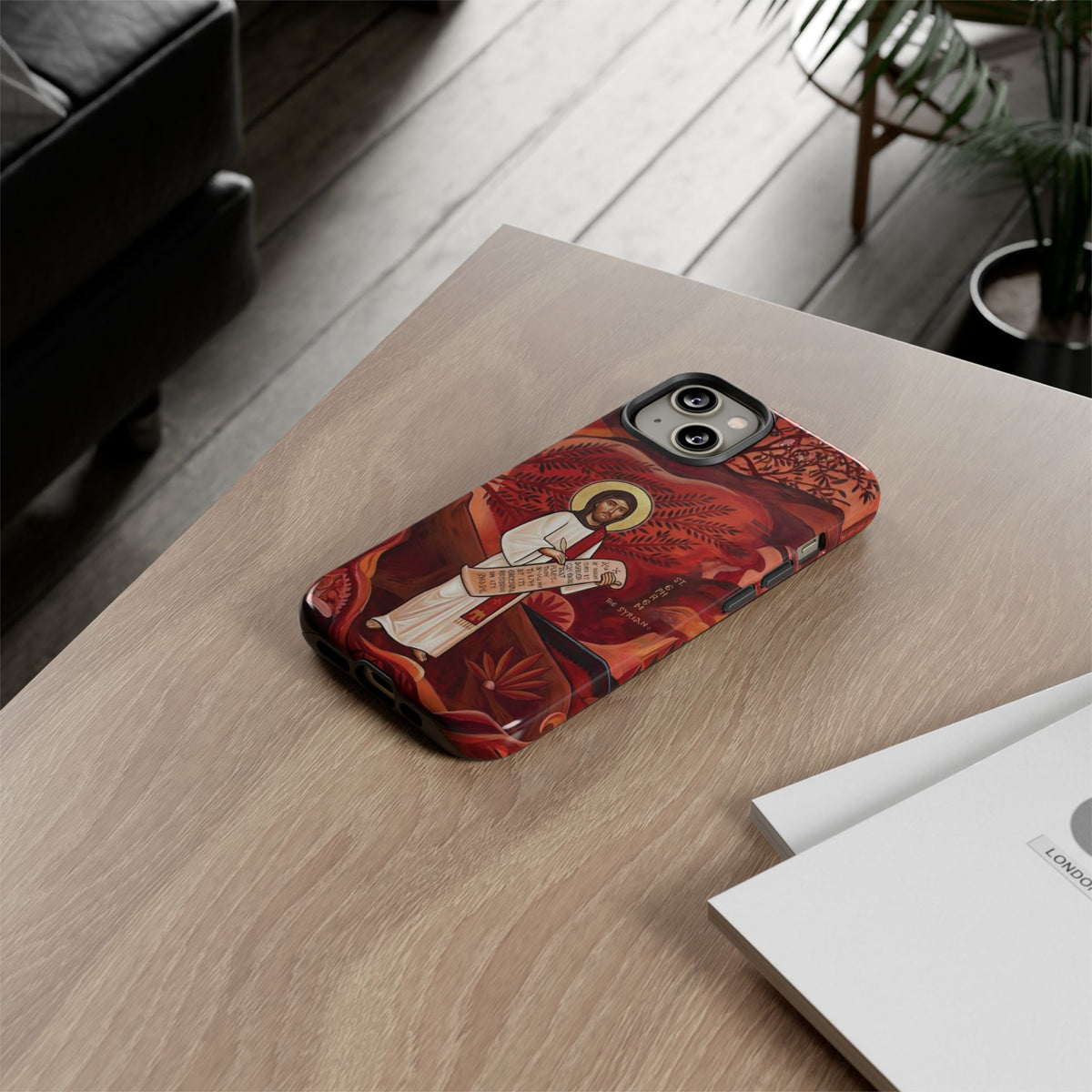 Christelijk telefoonhoesje Sint-Efrem de Syriër rood mat