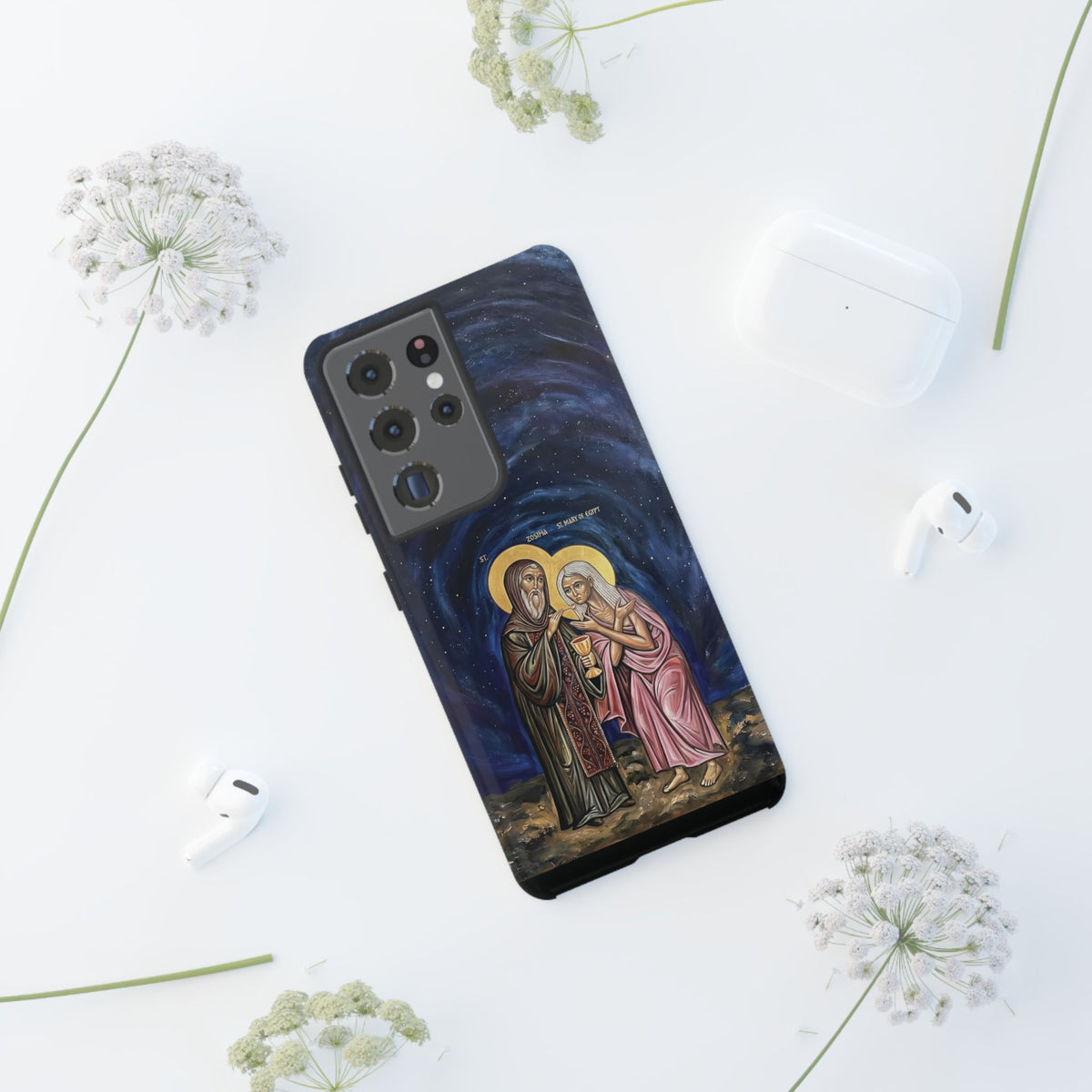 Christelijk telefoonhoesje Maria van Egypte en Sint-Zosimas donkerblauw mat