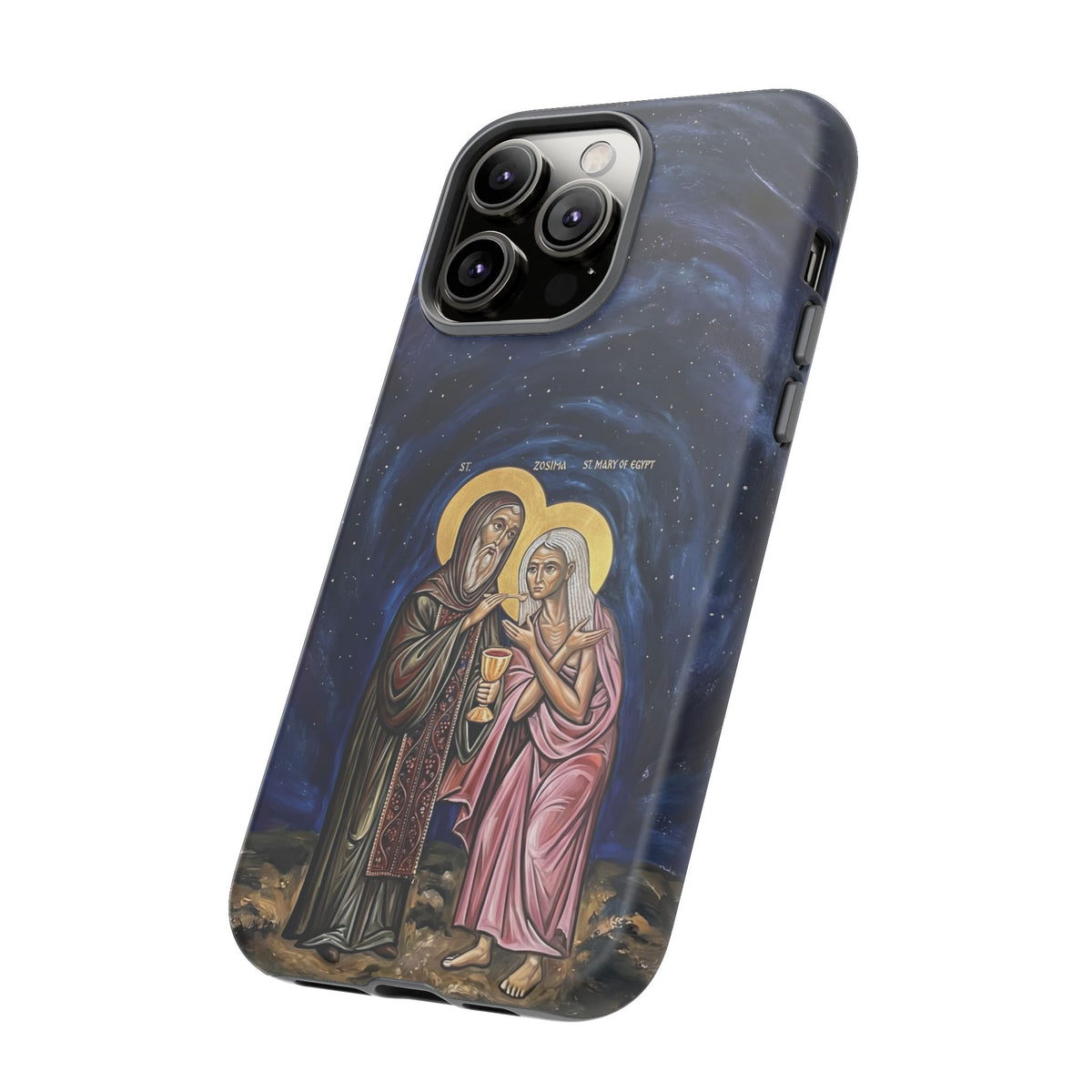 Christelijk telefoonhoesje Maria van Egypte en Sint-Zosimas donkerblauw mat