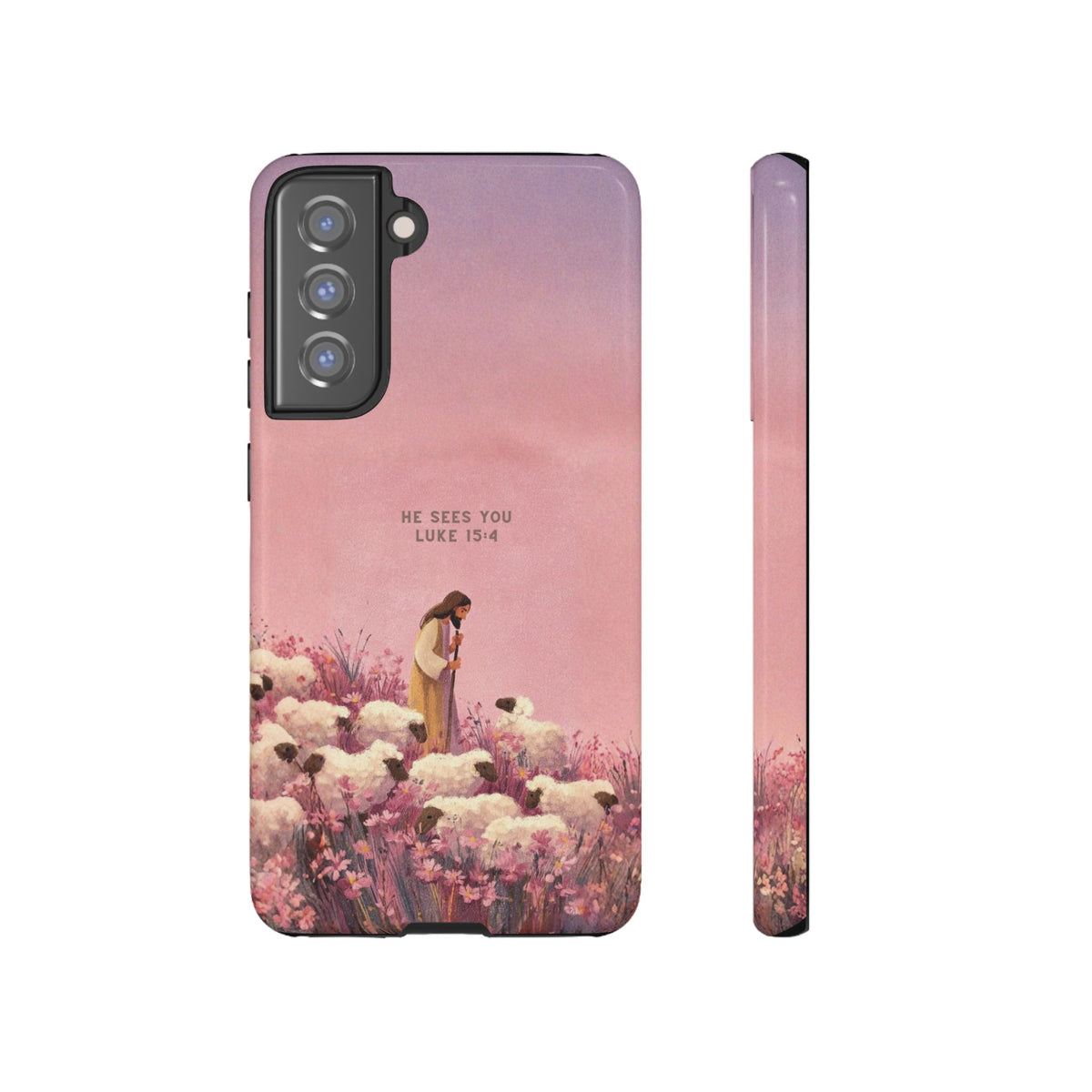 Christelijk telefoonhoesje Hij ziet jou roze mat