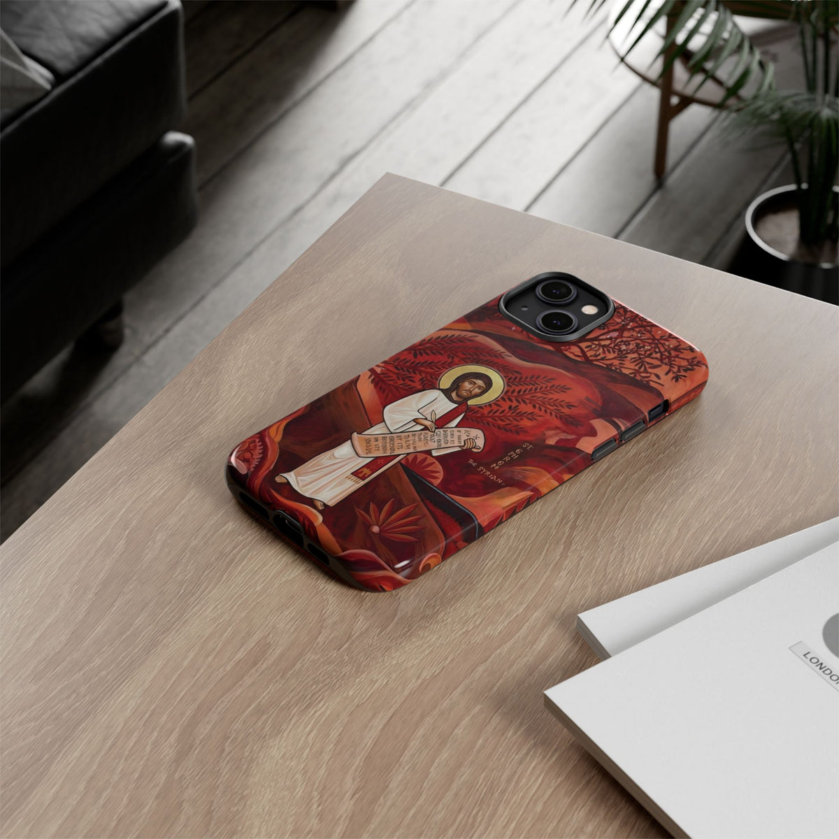 Christelijk telefoonhoesje Sint-Efrem de Syriër rood mat