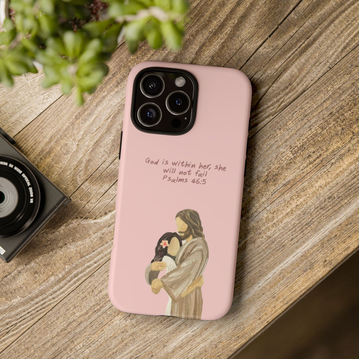 Christelijk telefoonhoesje God is in haar roze mat