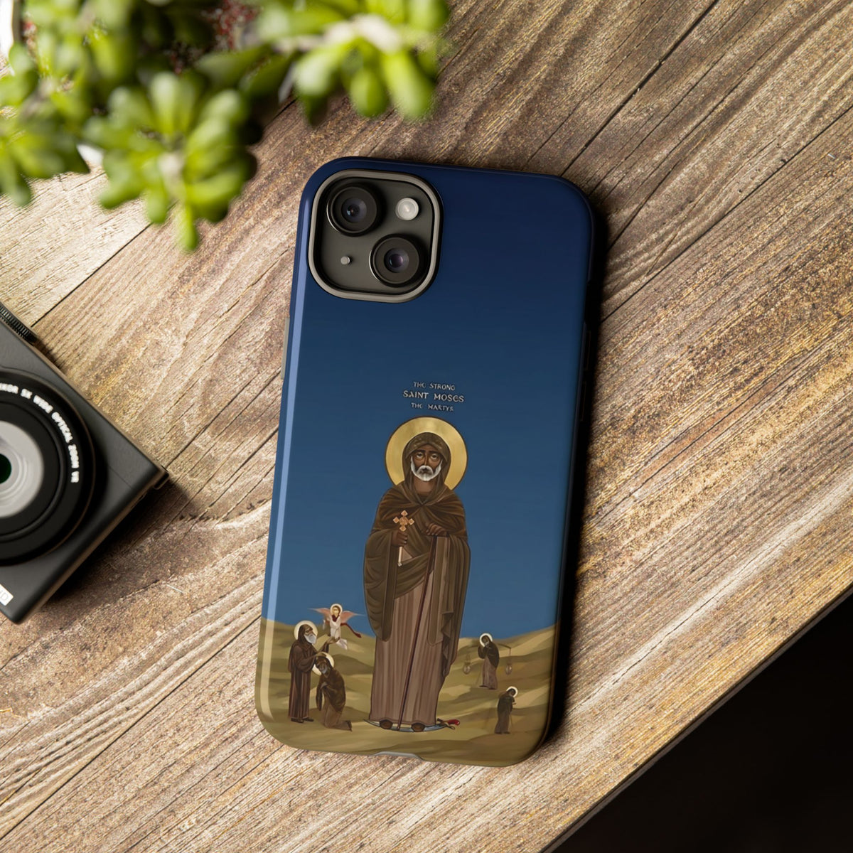 Christelijk telefoonhoesje Sint-Mozes de Sterke blauw mat
