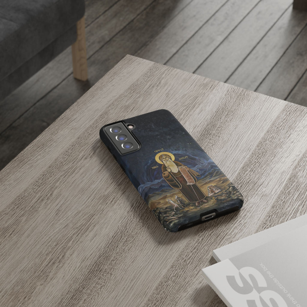 Christelijk telefoonhoesje Sint-Antonius de Grote donkerblauw mat