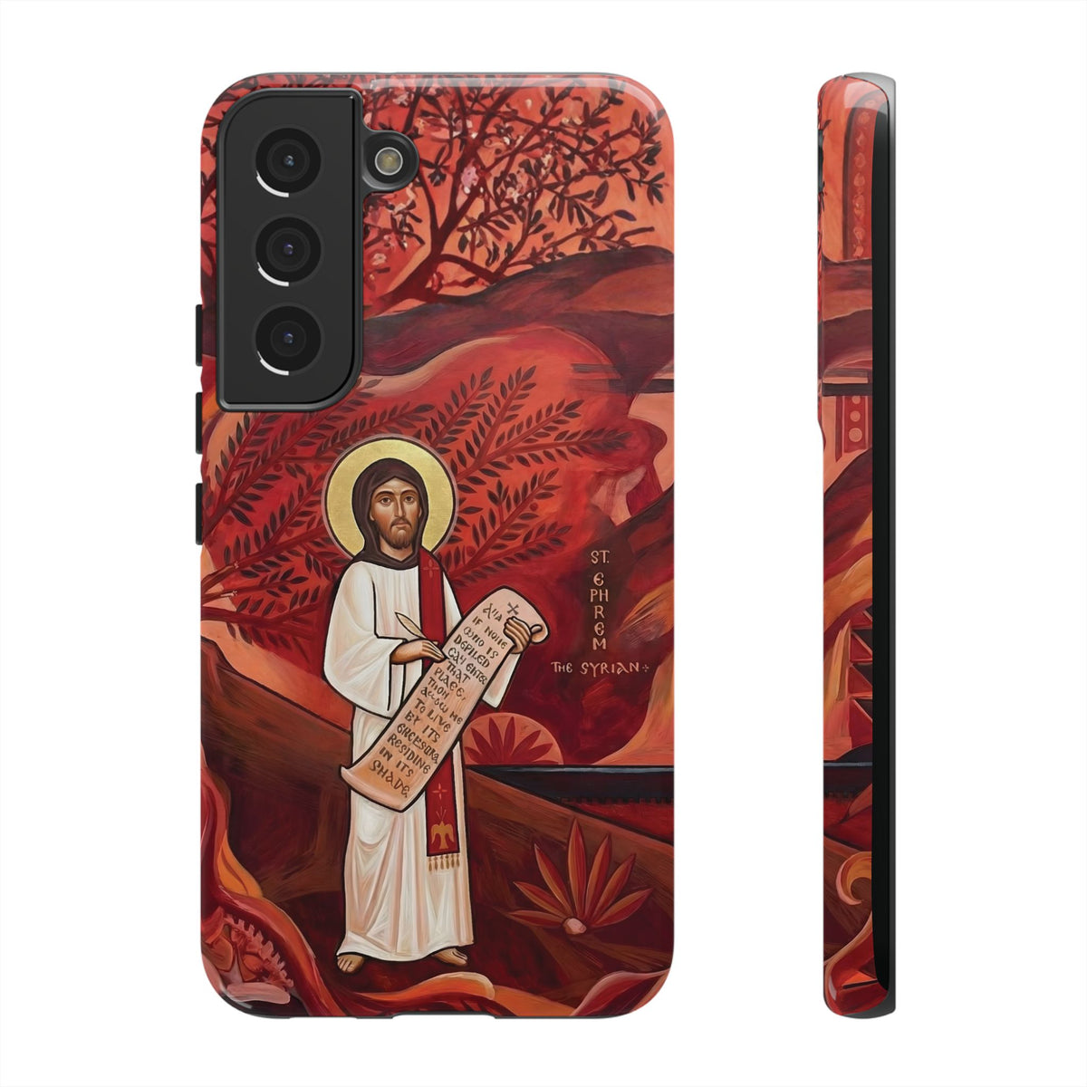 Christelijk telefoonhoesje Sint-Efrem de Syriër rood mat
