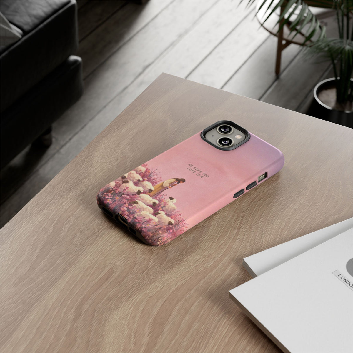 Christelijk telefoonhoesje Hij ziet jou roze mat