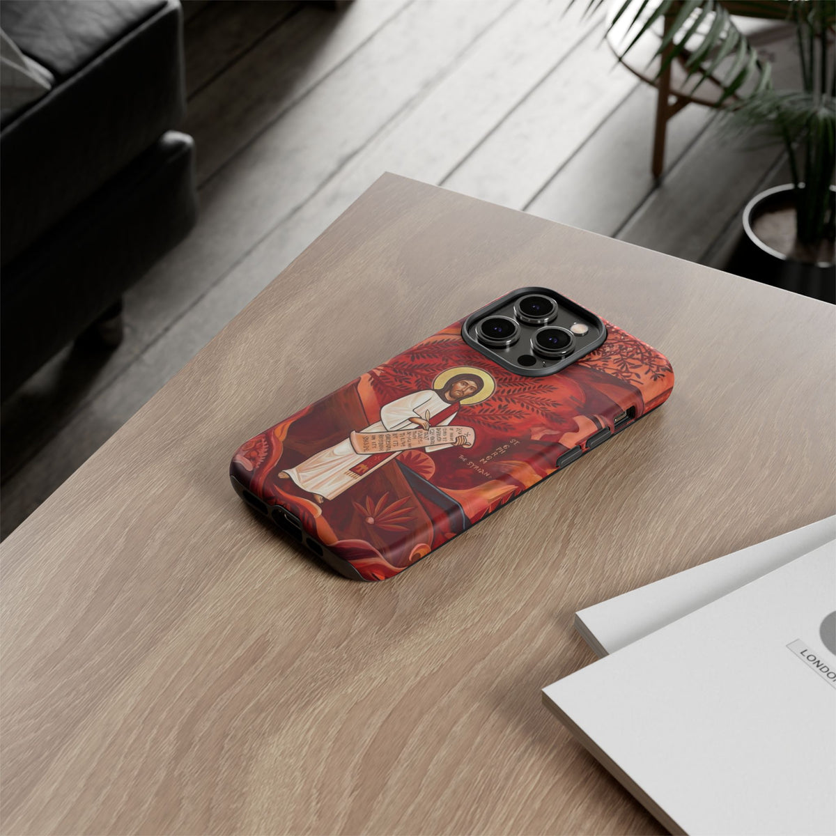 Christelijk telefoonhoesje Sint-Efrem de Syriër rood mat