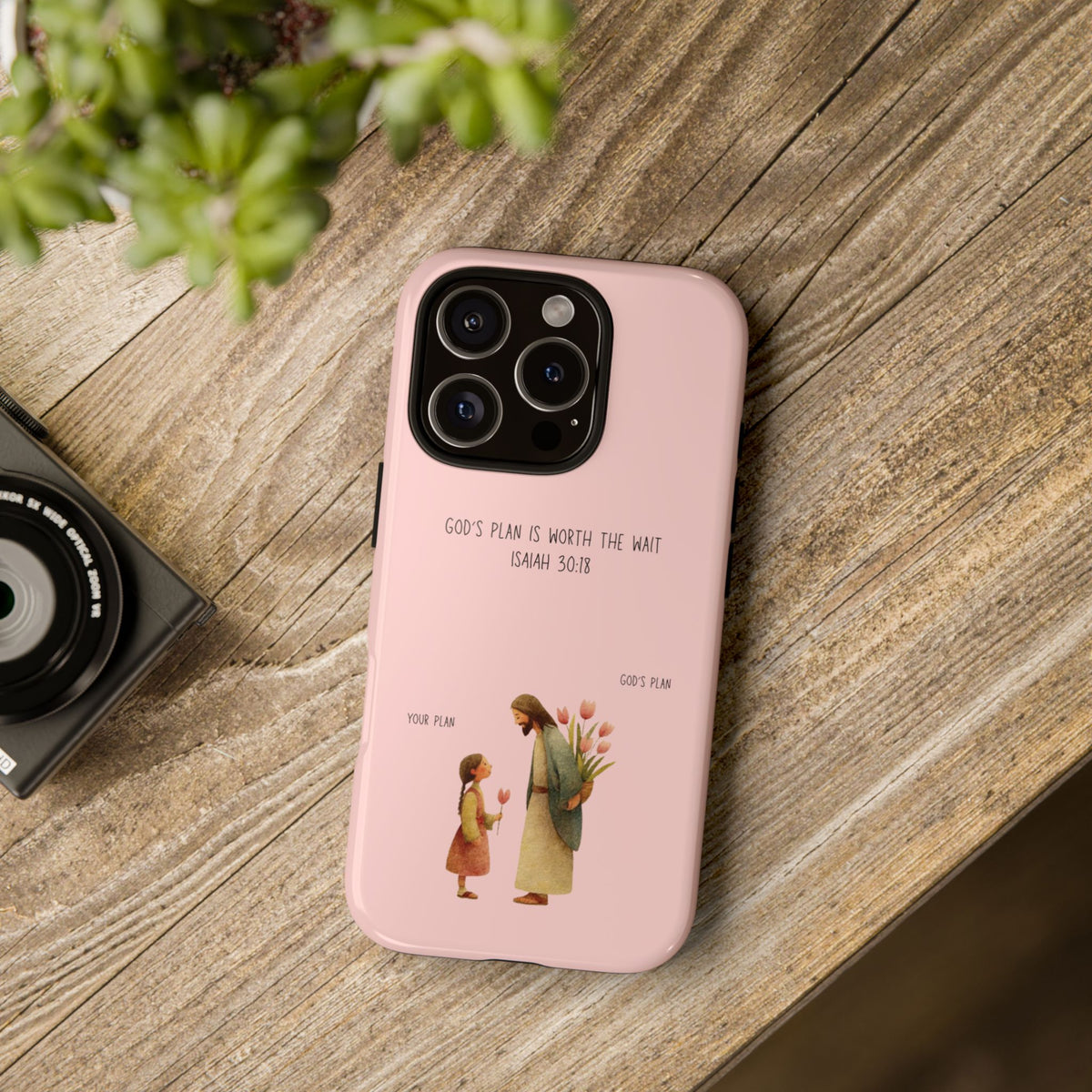 Christelijk telefoonhoesje Gods plan is beter roze mat