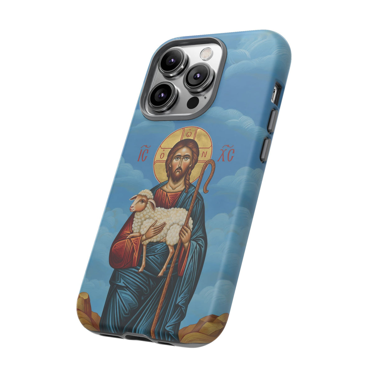 Christelijk telefoonhoesje De Goede Herder blauw mat
