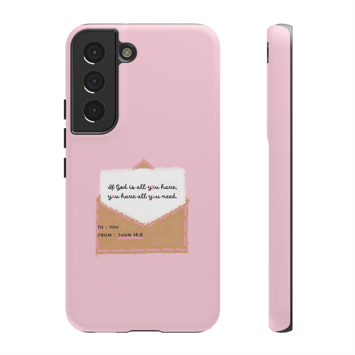 Christelijk telefoonhoesje God is alles wat je nodig hebt roze mat