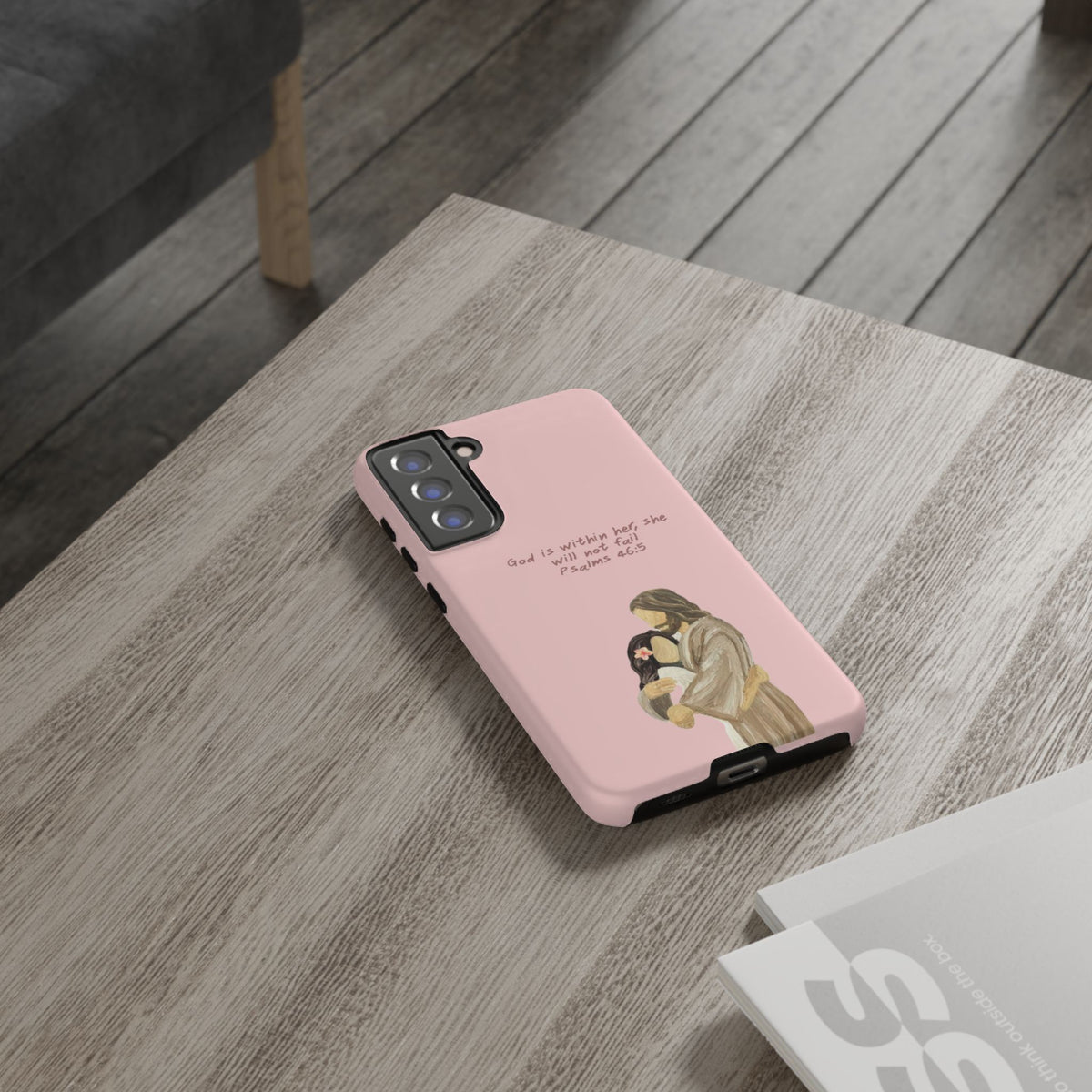 Christelijk telefoonhoesje God is in haar roze mat