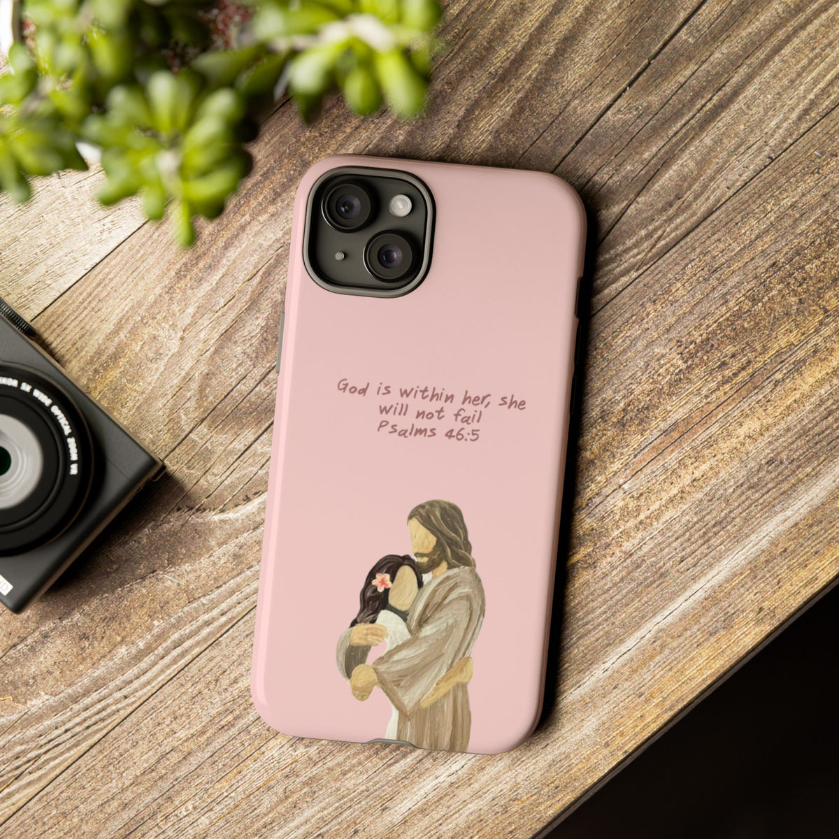 Christelijk telefoonhoesje God is in haar roze mat
