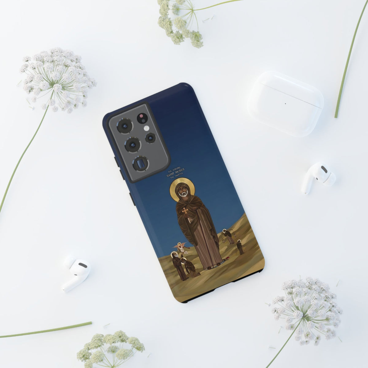 Christelijk telefoonhoesje Sint-Mozes de Sterke blauw mat
