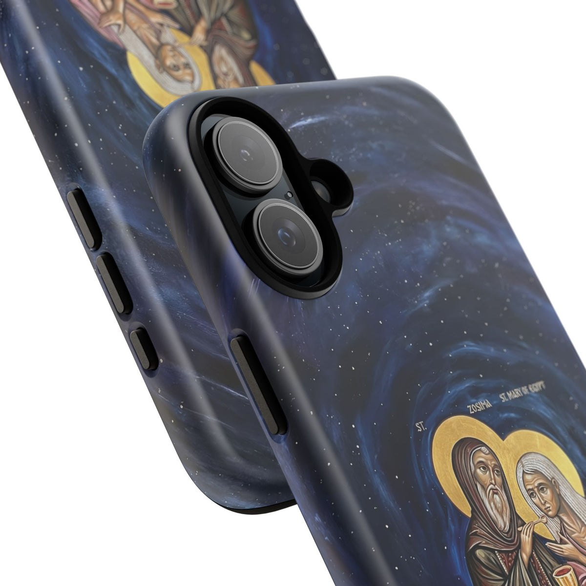 Christelijk telefoonhoesje Maria van Egypte en Sint-Zosimas donkerblauw mat